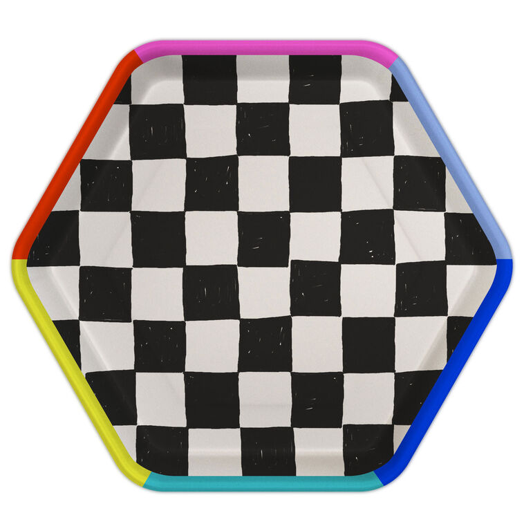 Black and White Checkered Hexagonal Dessert Plates, Pack of 8