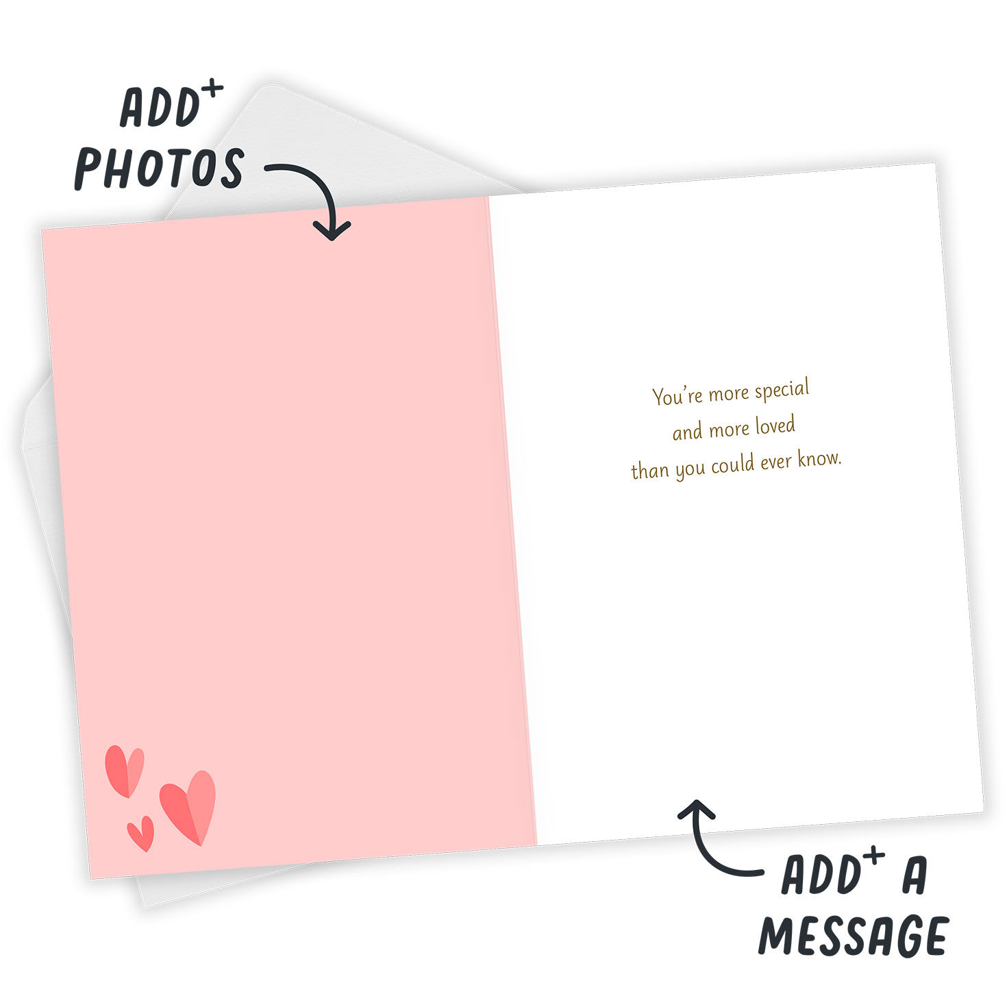 Pink and Gold Hearts Personalized Mother's Day Card Open Card with Envelope indicating personalization image number 3