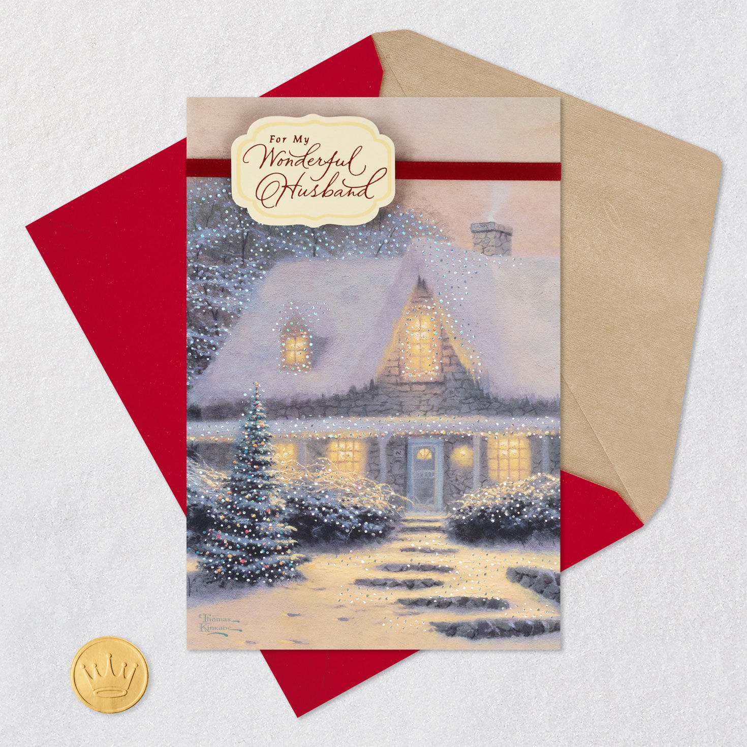 Thomas Kinkade "Christmas Eve" Husband Christmas Card Card Front with Envelope and Gold Seal image number 7