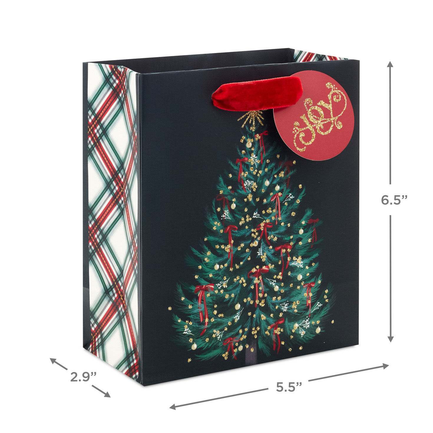 Illustrated Christmas Tree on Black Small Gift Bag measurement image number 3