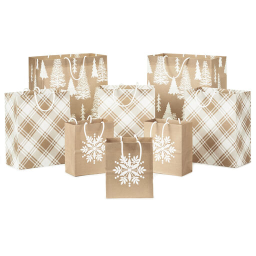 Christmas Kraft 8-Pack Holiday Gift Bags, Assorted Sizes and Designs, 