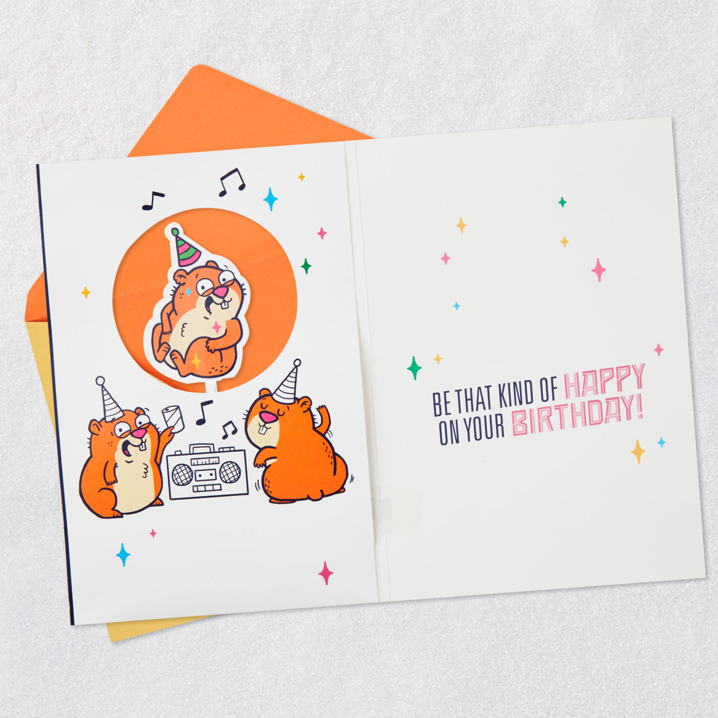 Colorful Lettering and Hamster on Blue Birthday Card Open card with envelope image number 3
