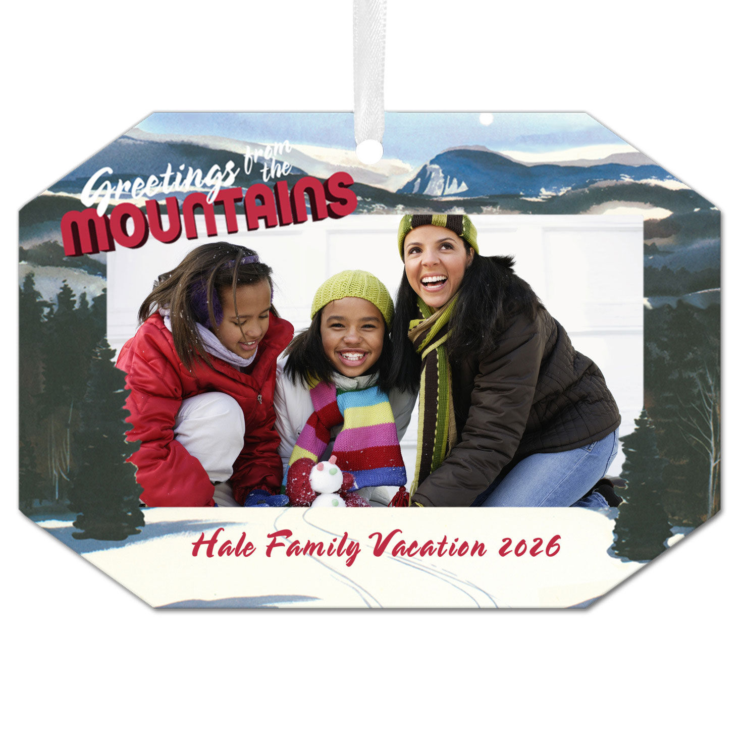 Mountain Vacation Metal Personalized Ornament, Custom Photo and Text
