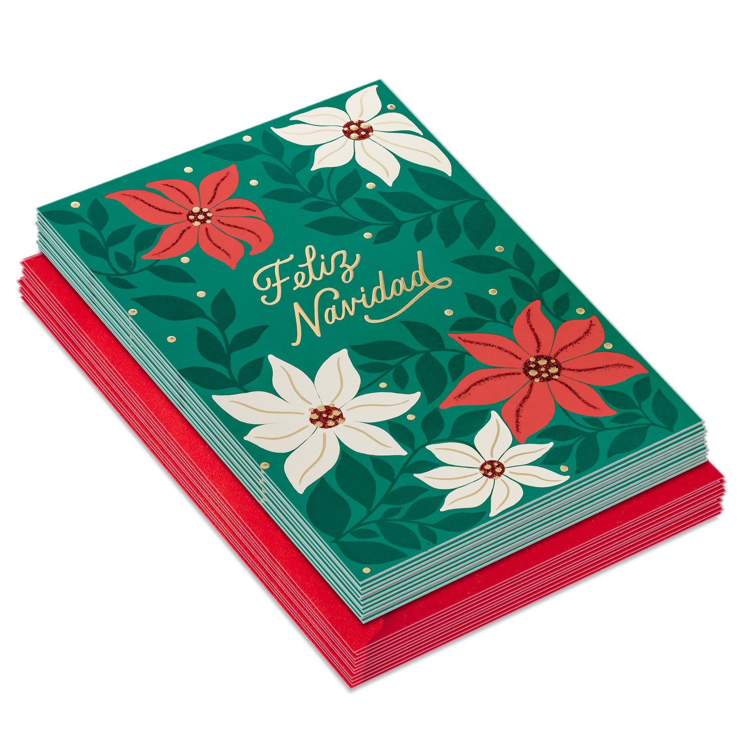 Poinsettias on Green Spanish Boxed Christmas Cards front stacked image number 2