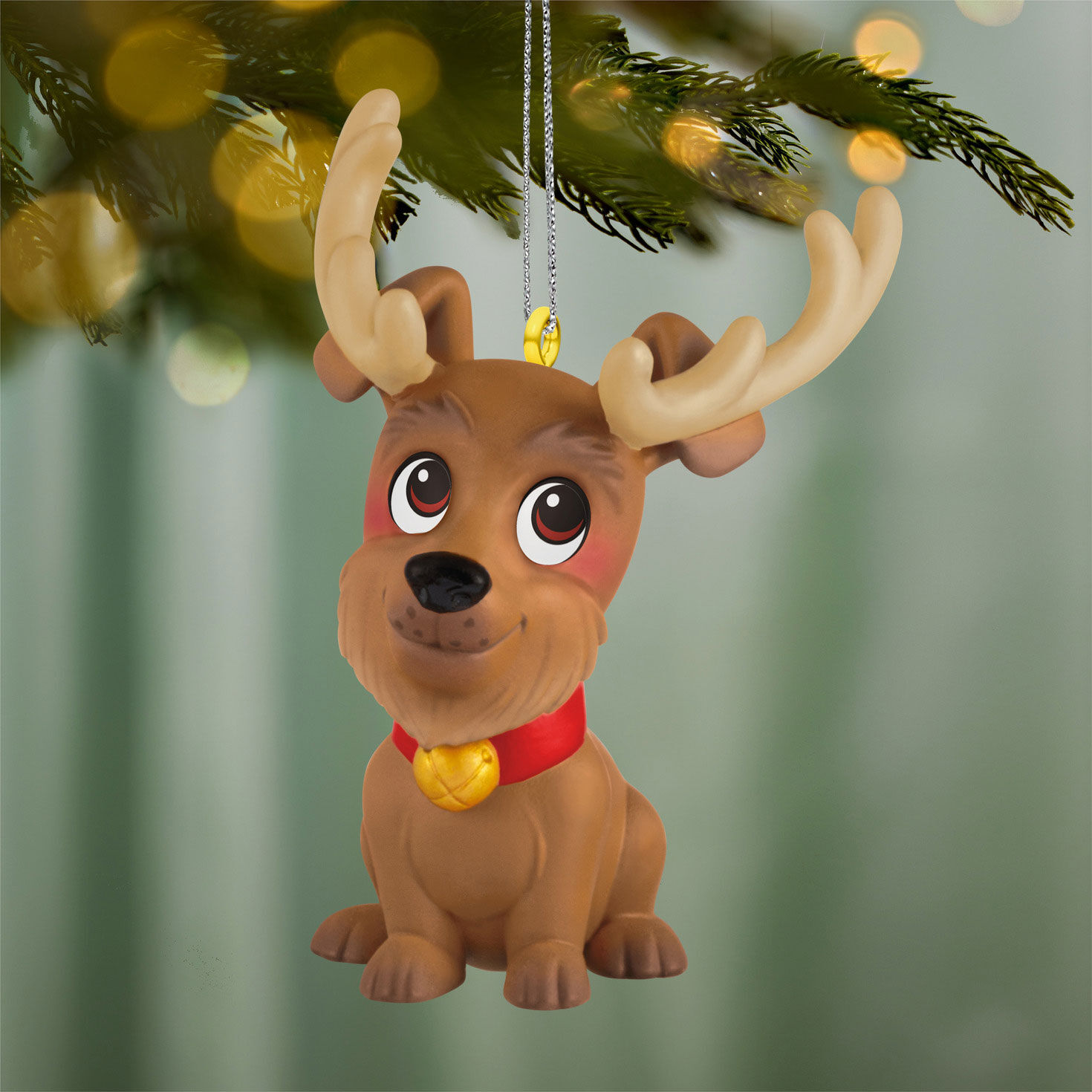 Brown Dog Wearing Antlers Keepsake Ornament hanging on tree image number 2