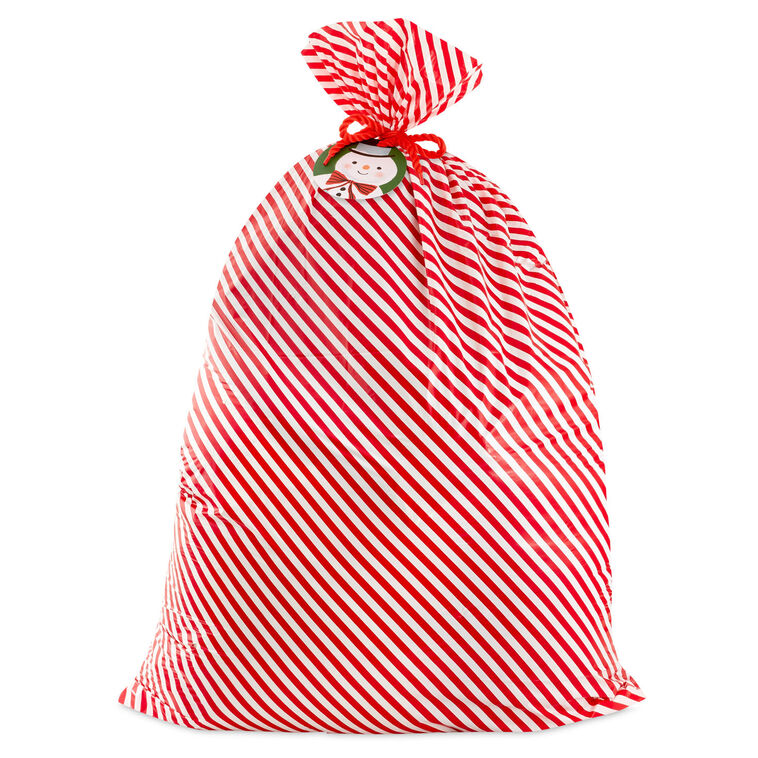 56" Red and White Striped Giant Plastic Christmas Gift Bag With Snowman Tag and Tie