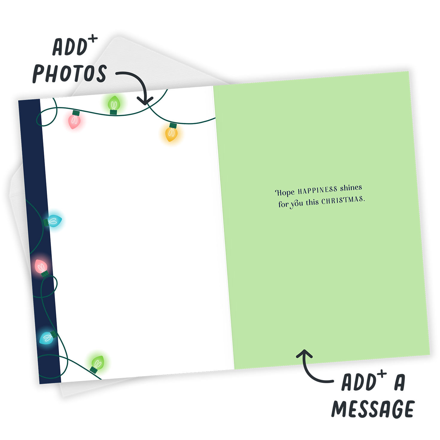 String Lights Blue Frame Personalized Christmas Card Open Card with Envelope indicating personalization image number 4