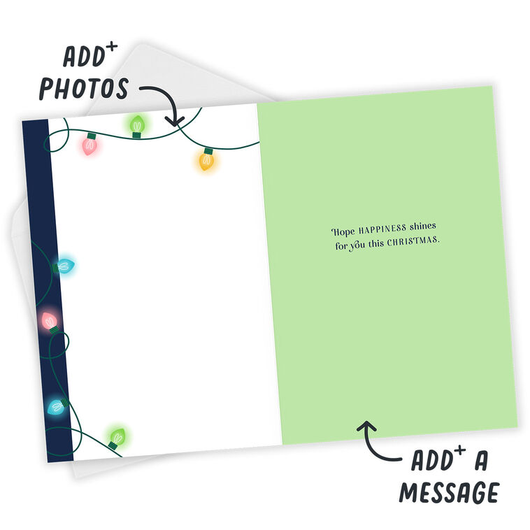 String Lights Blue Frame Personalized Christmas Card Open Card with Envelope indicating personalization image number 4