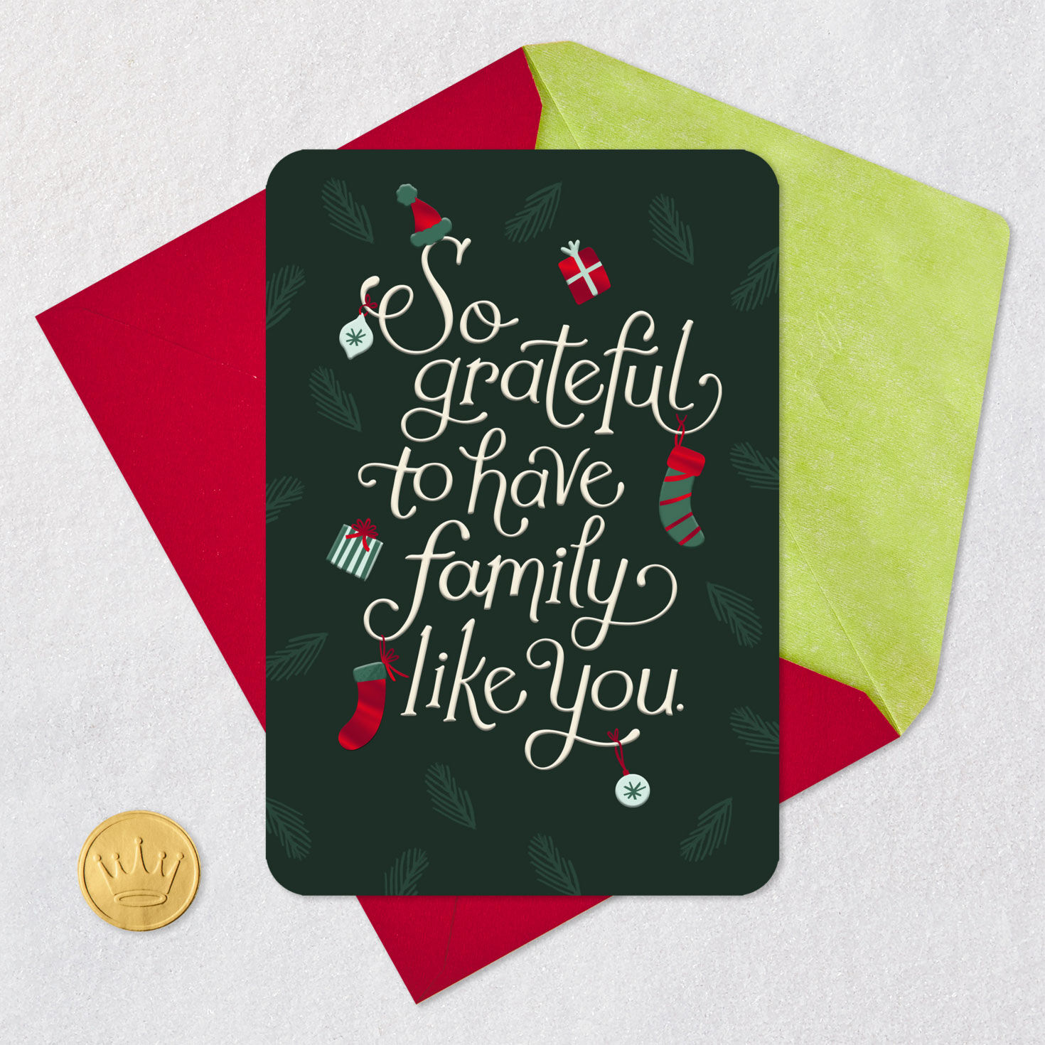 Festive Holiday Icons Family Christmas Card Card Front with Envelope and Gold Seal image number 5
