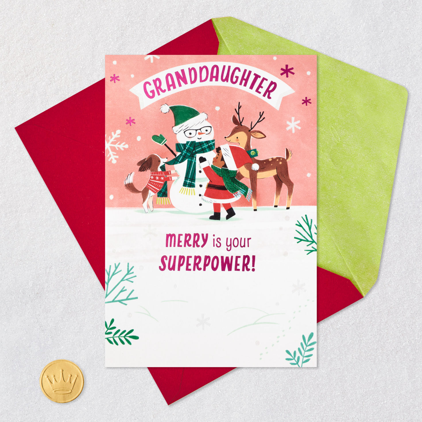 Girl and Snowman Christmas Card for Granddaughter Card Front with Envelope and Gold Seal image number 7