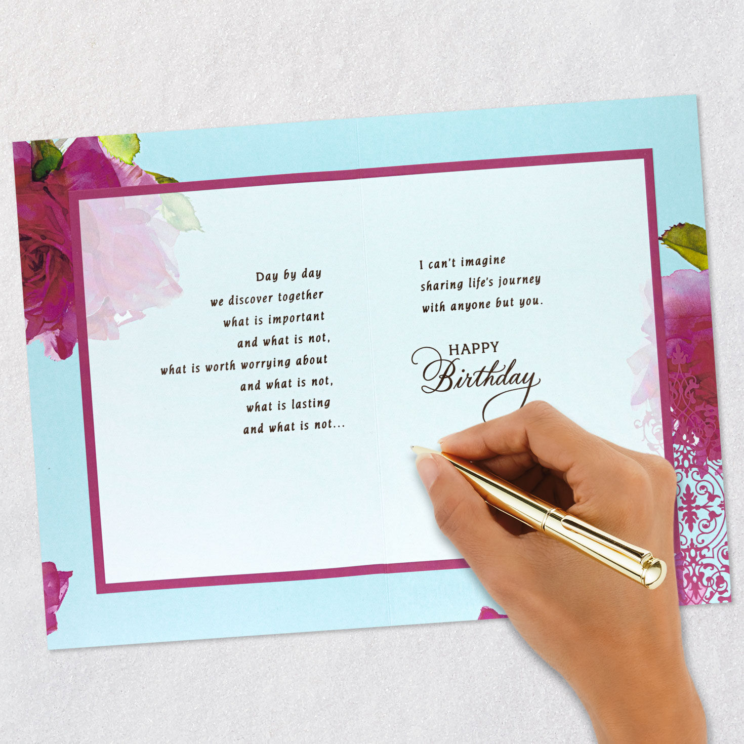Pink and Blue Floral Birthday Card for Wife signing card image number 7