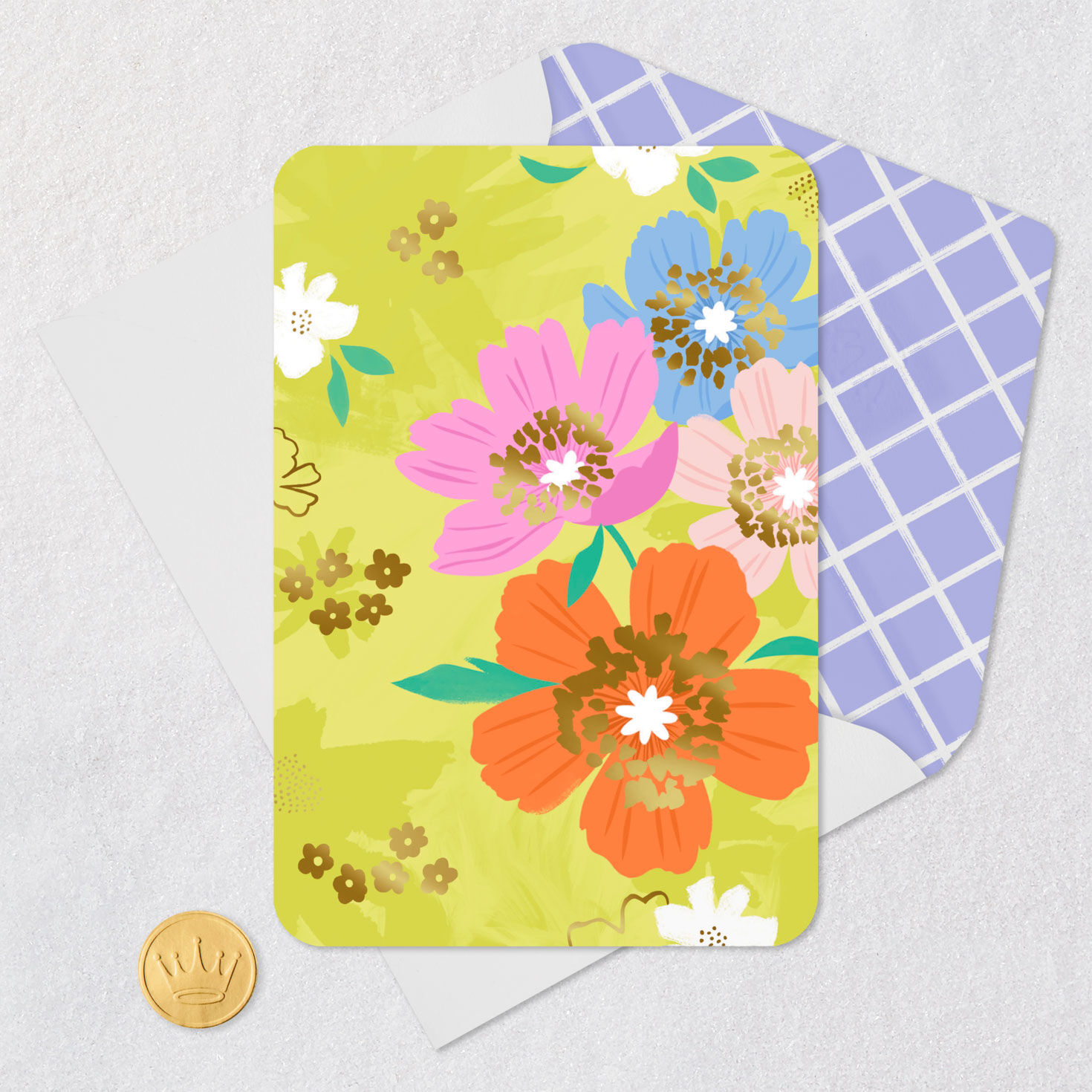 Colorful Flowers on Green Blank Card Card Front with Envelope and Gold Seal image number 4