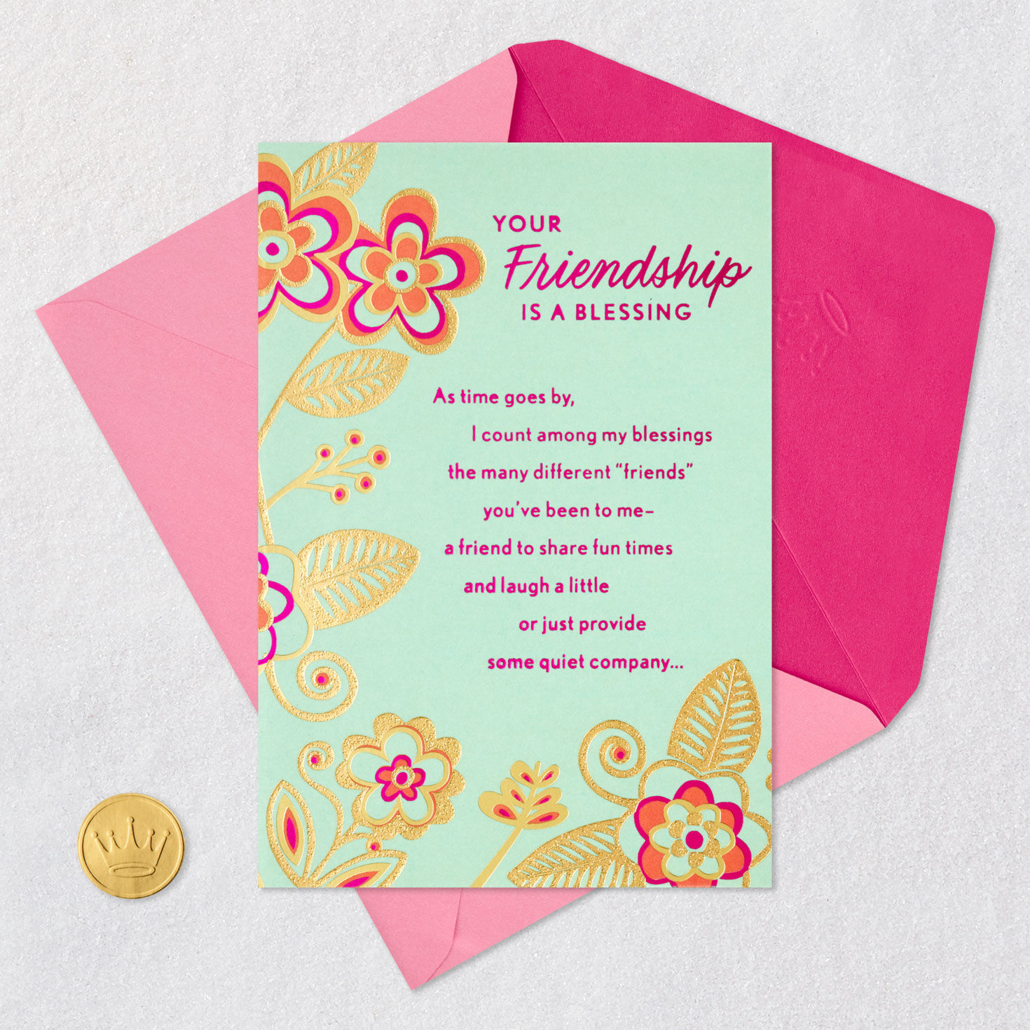 Retro Flowers on Mint Birthday Card for Friend Card Front with Envelope and Gold Seal image number 5