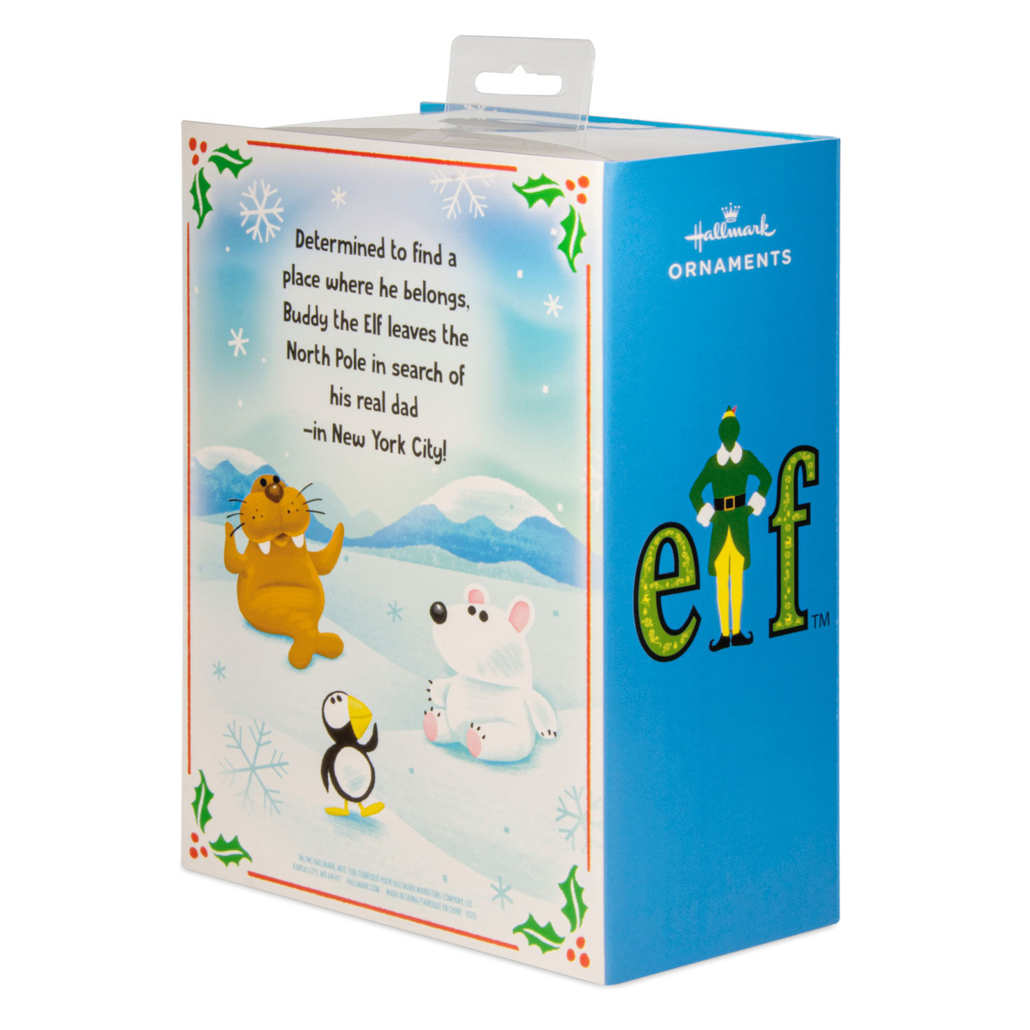 Elf Buddy the Elf and Narwhal Christmas Ornaments backage spine and back image number 3