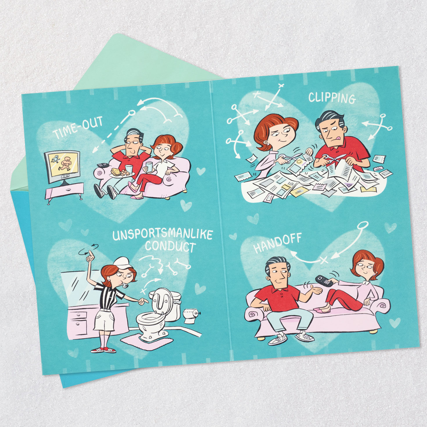 Football Lettering Teal and Red Funny Anniversary Card Open card with envelope image number 4