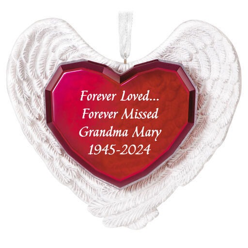 Forever Loved Memorial Heart and Angel Wings Text Personalized Ornament, 