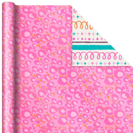 Pink Animal Print/Multicolor Doodles Reversible Wrapping Paper, 20 sq. ft., , large