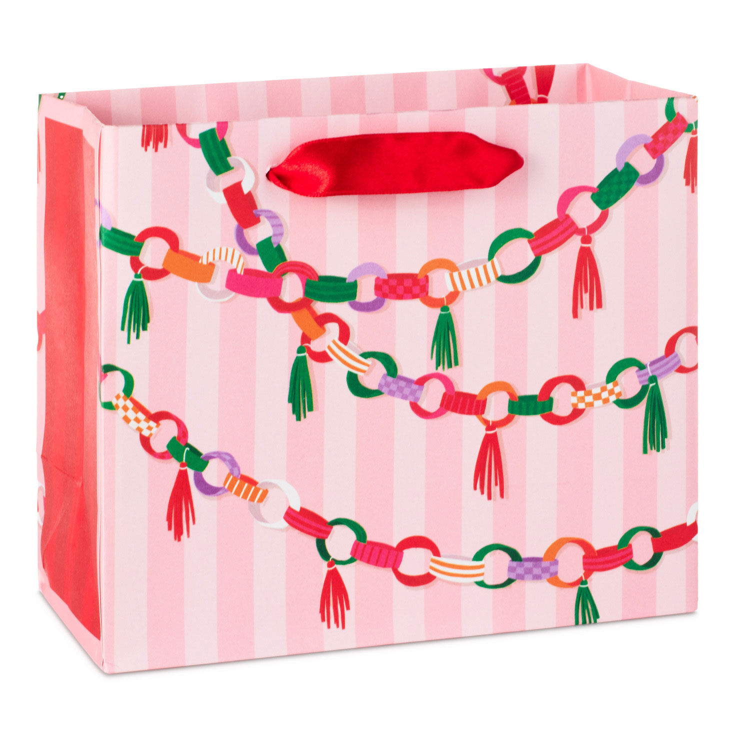 5.5" Paper Chains on Pink Stripes Small Horizontal Christmas Gift Bag