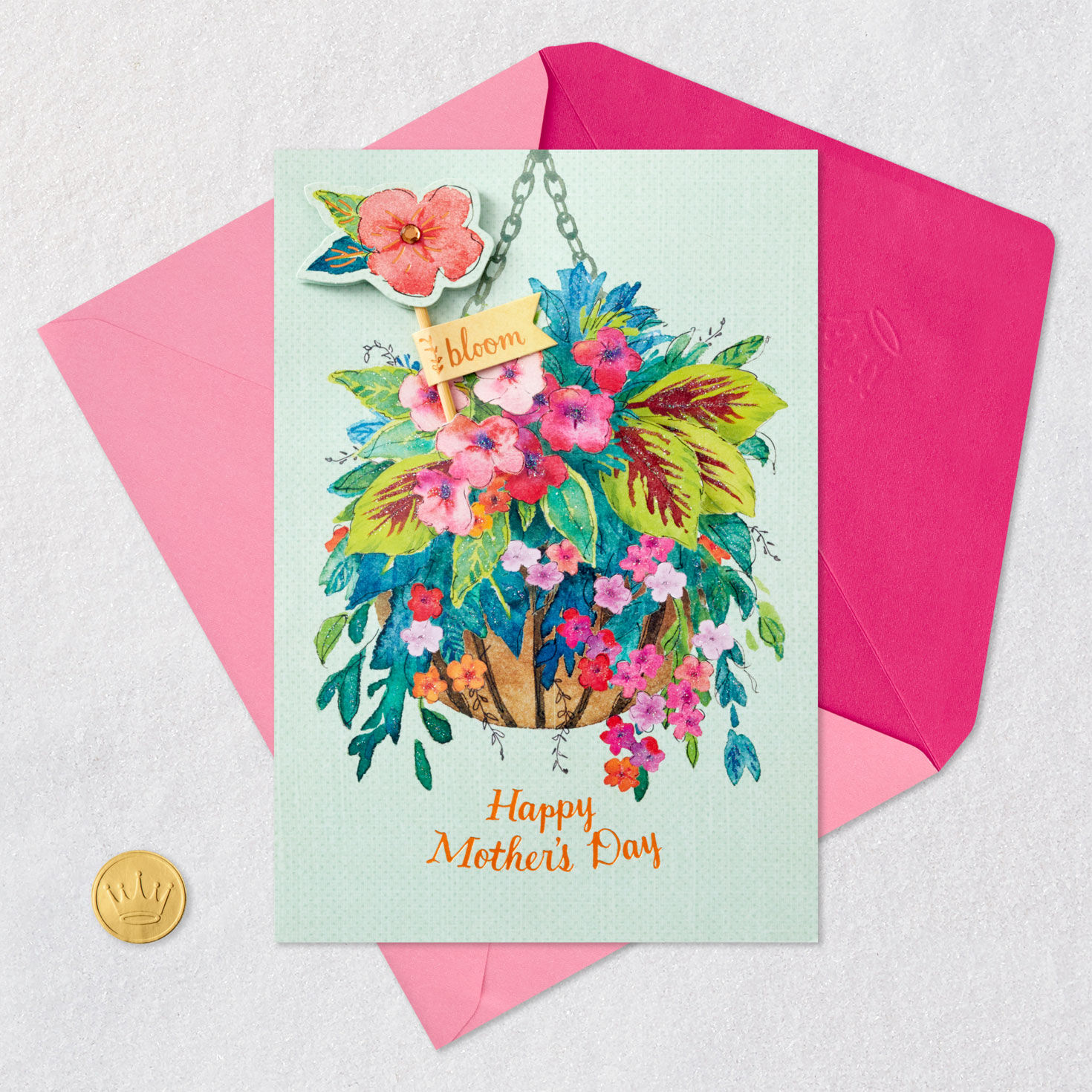 Flower Basket Mother's Day Card With Plant Stake Card Front with Envelope and Gold Seal image number 6