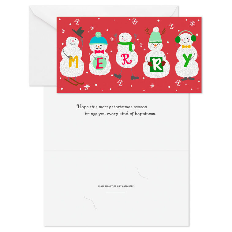 Merry Snowmen on Red Money Holder Christmas Cards Card Front with Sentiment image number 2