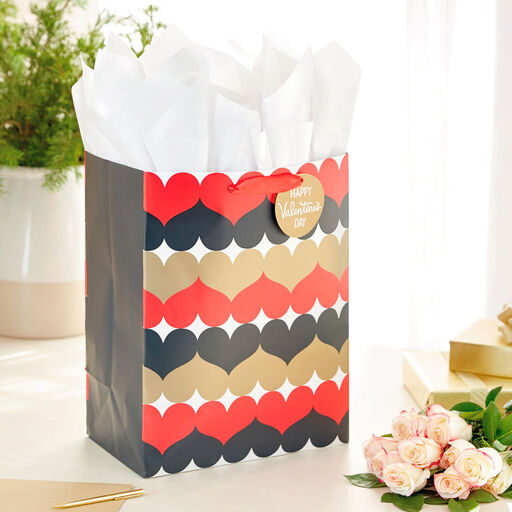 17" Rows of Hearts Extra-Deep Valentine's Day Gift Bag With Tissue Paper, 