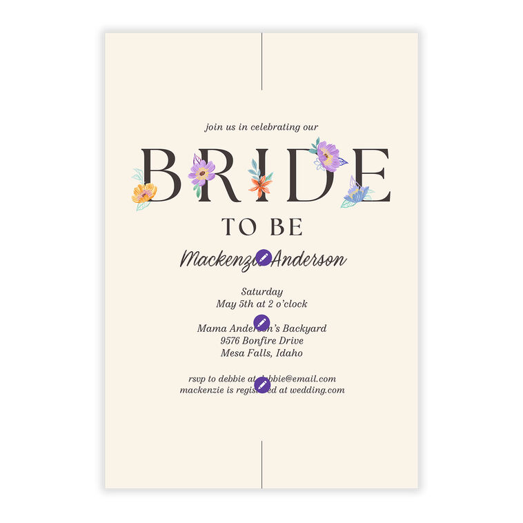 Flowered Letters Personalized Shower Invitation Card Front indicating personalization image number 5