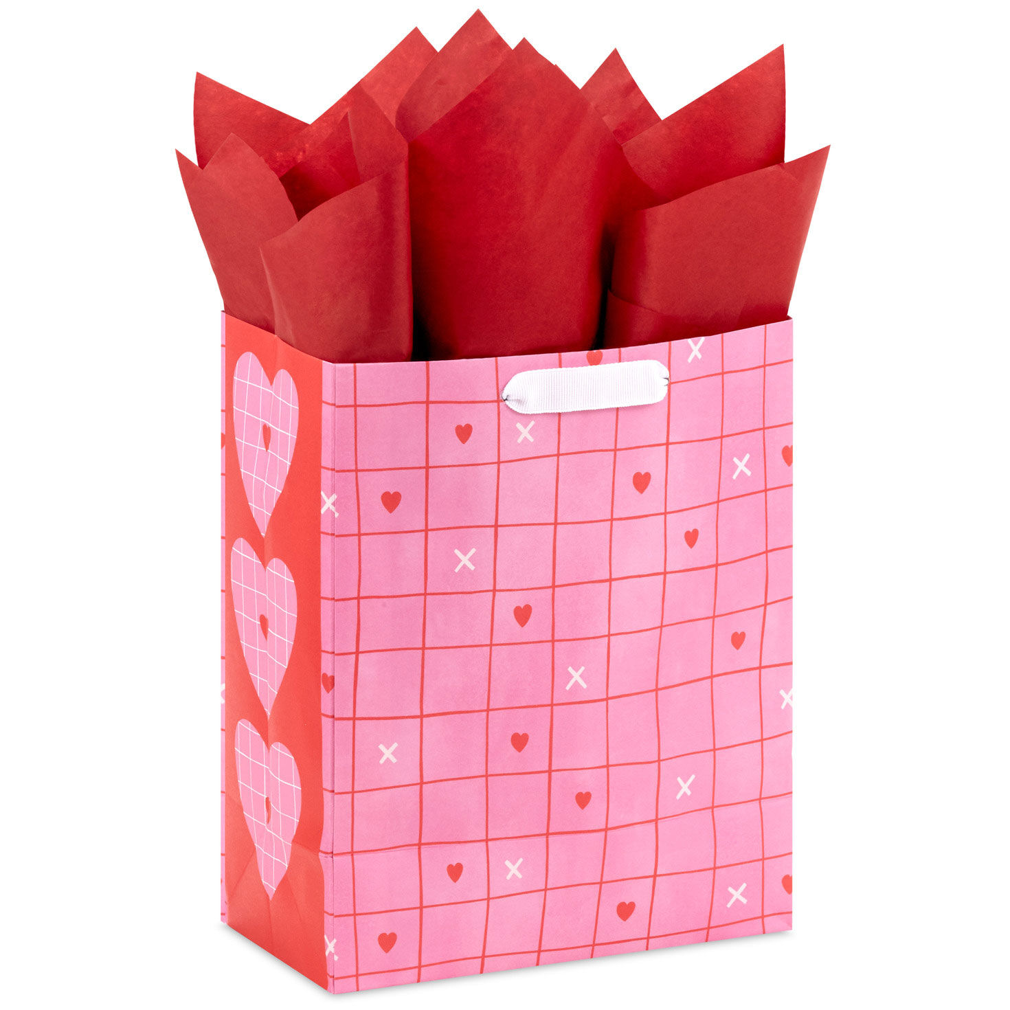 9.6" Red Grid on Pink Medium Valentine's Day Gift Bag With Tissue Paper, , large image number 6
