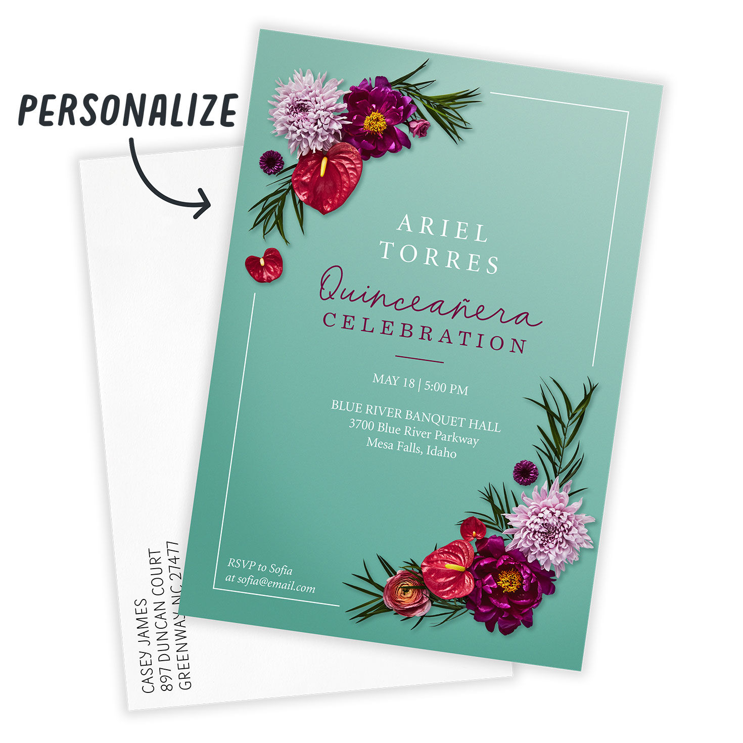 Pink Flowers on Teal Personalized Party Invitation Card Front indicating personalization image number 2