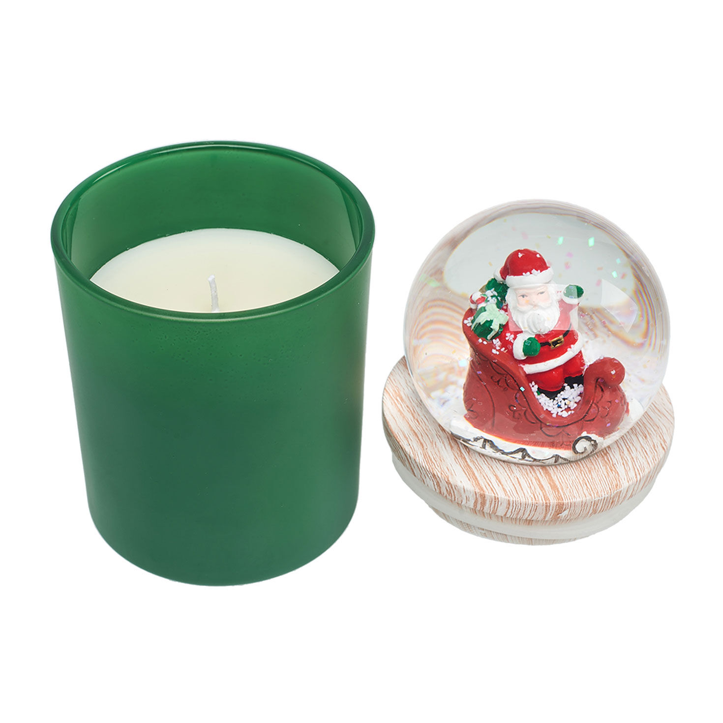 Green Under Mistletoe Candle Santa Sleigh Snow Globe lid off  image number 3