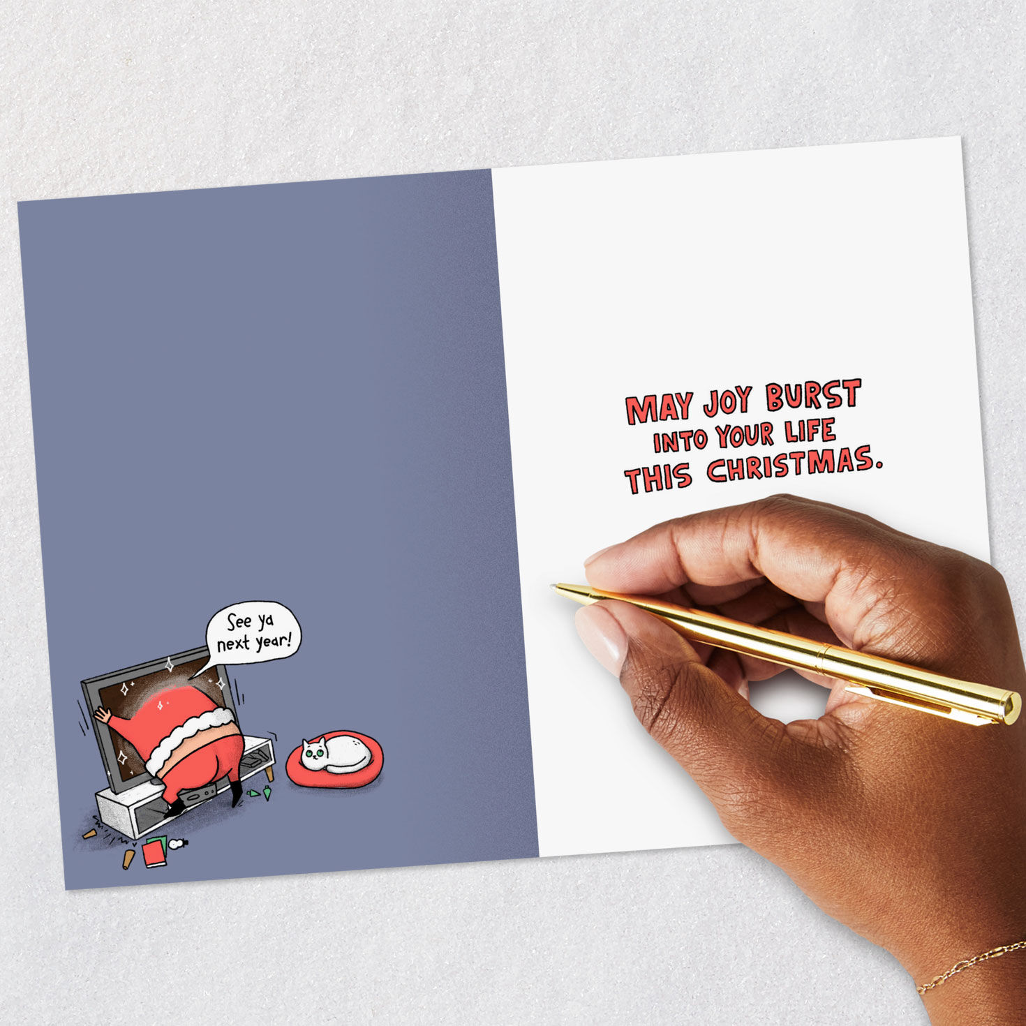 Santa Bursting Through TV Funny Christmas Card Signing card image number 6