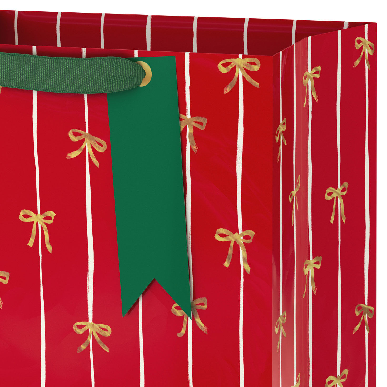 Red and White Stripes Gold Bows Holiday Gift Bag Handle Detail image number 4