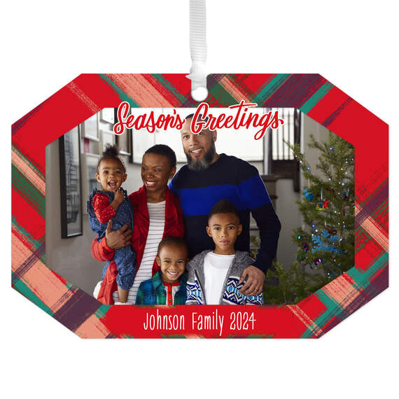 Red Plaid Personalized Text and Photo Metal Ornament, , large image number 1