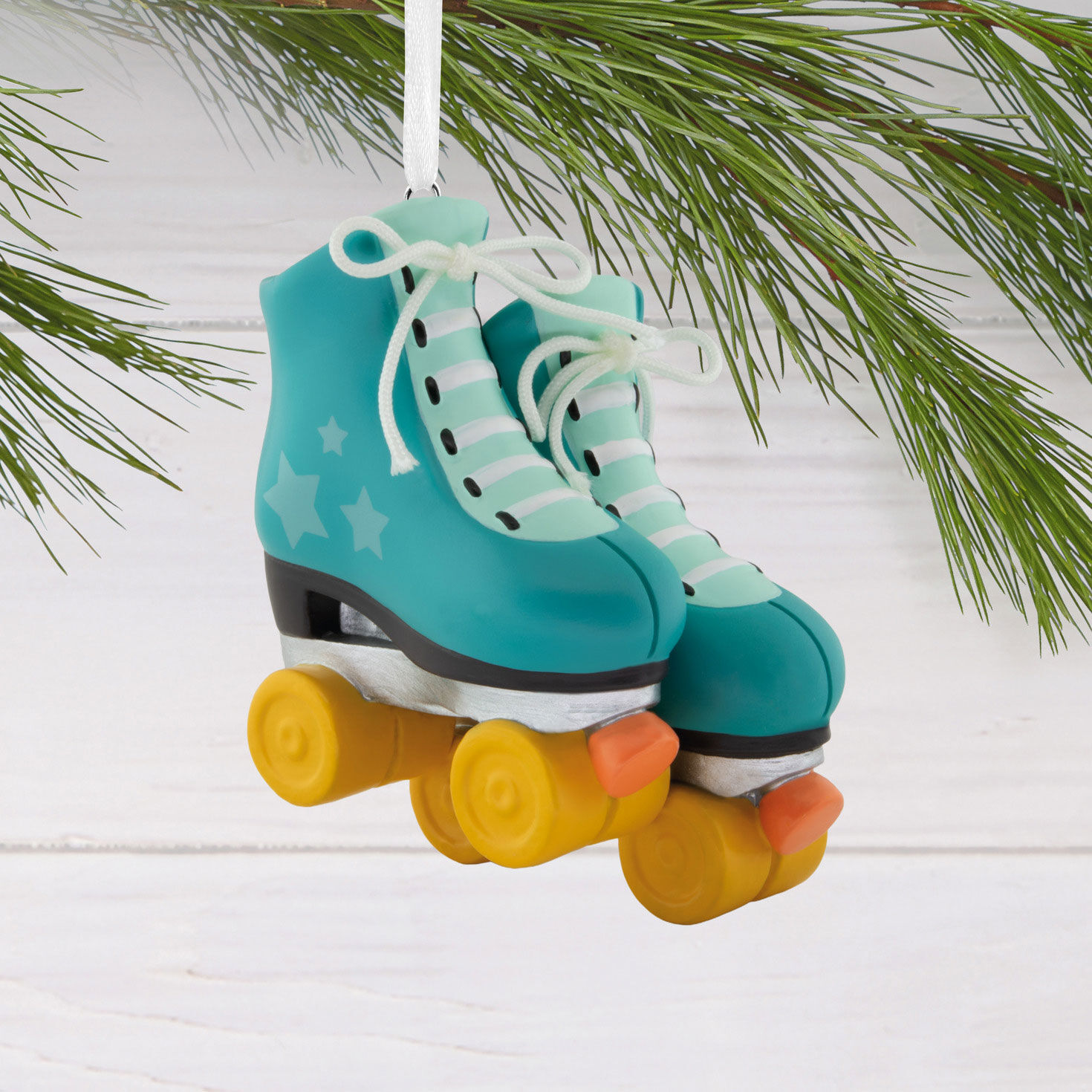 Teal Blue Roller Skates Christmas Ornament hanging on tree image number 2
