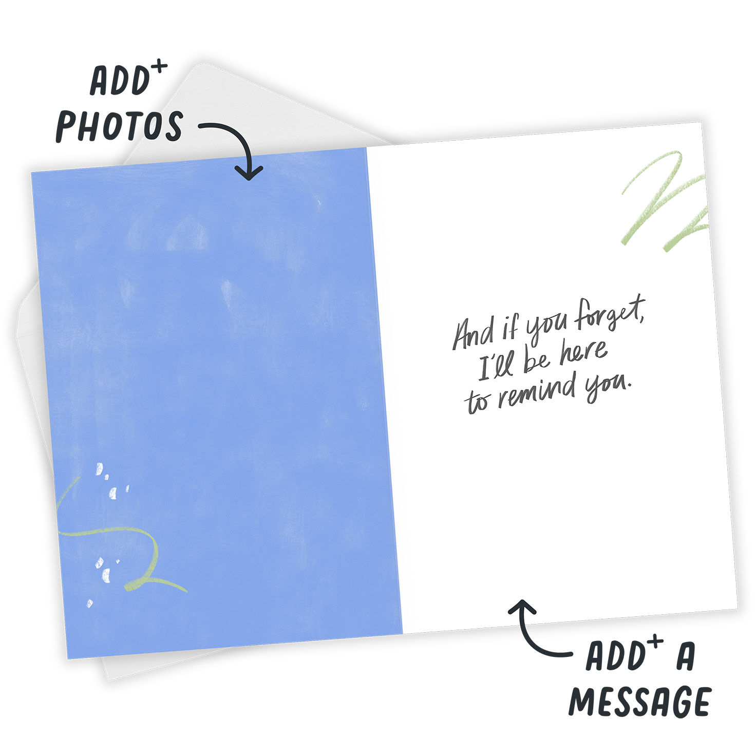 Squiggles on Green Personalized Encouragement Card Open Card with Envelope indicating personalization image number 3