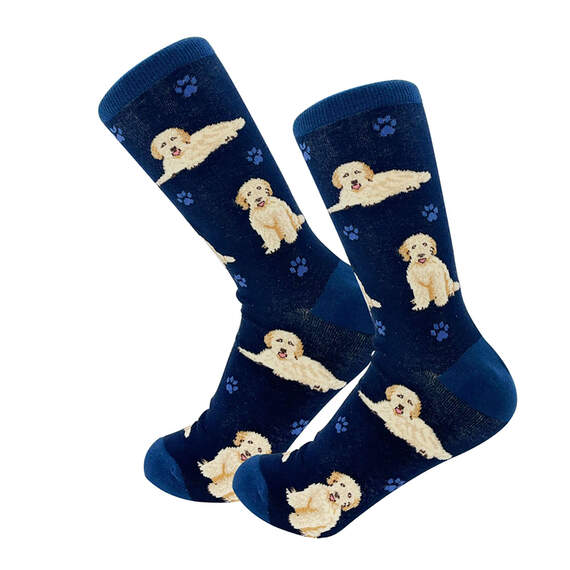 E&S Pets Goldendoodles on Blue Novelty Crew Socks