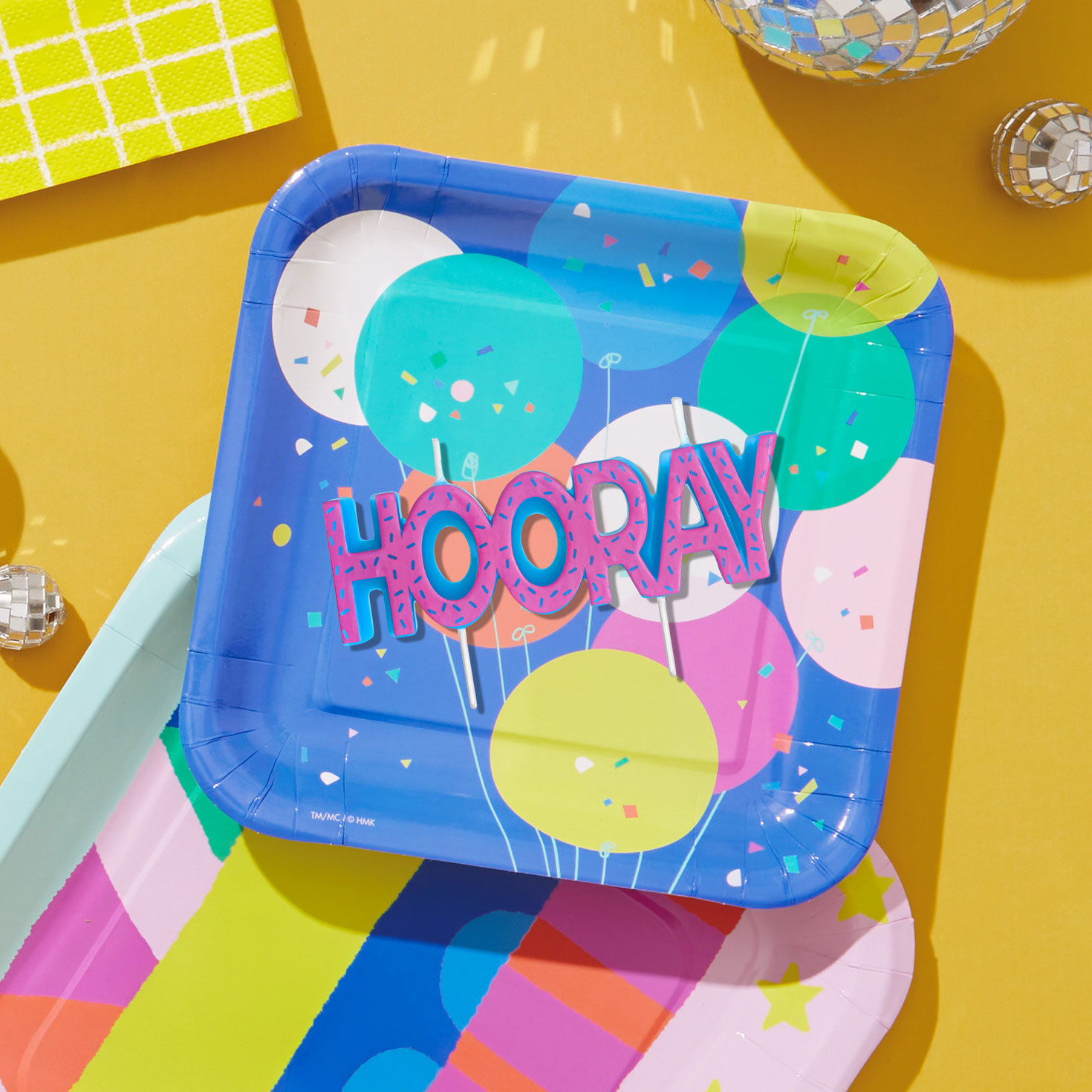 Pink and Blue Confetti Hooray Birthday Candle in use image number 2