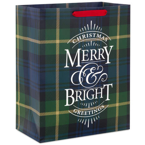 13" Merry and Bright Plaid Large Christmas Gift Bag, , large