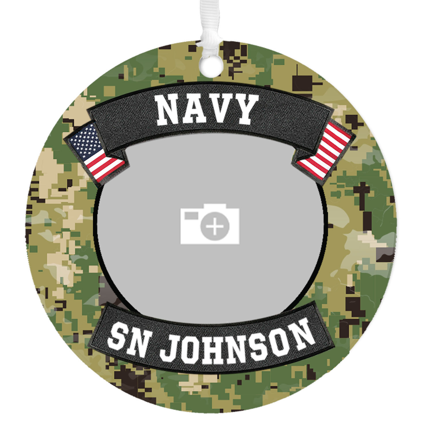 Navy Metal Personalized Ornament, Custom Photo and Text