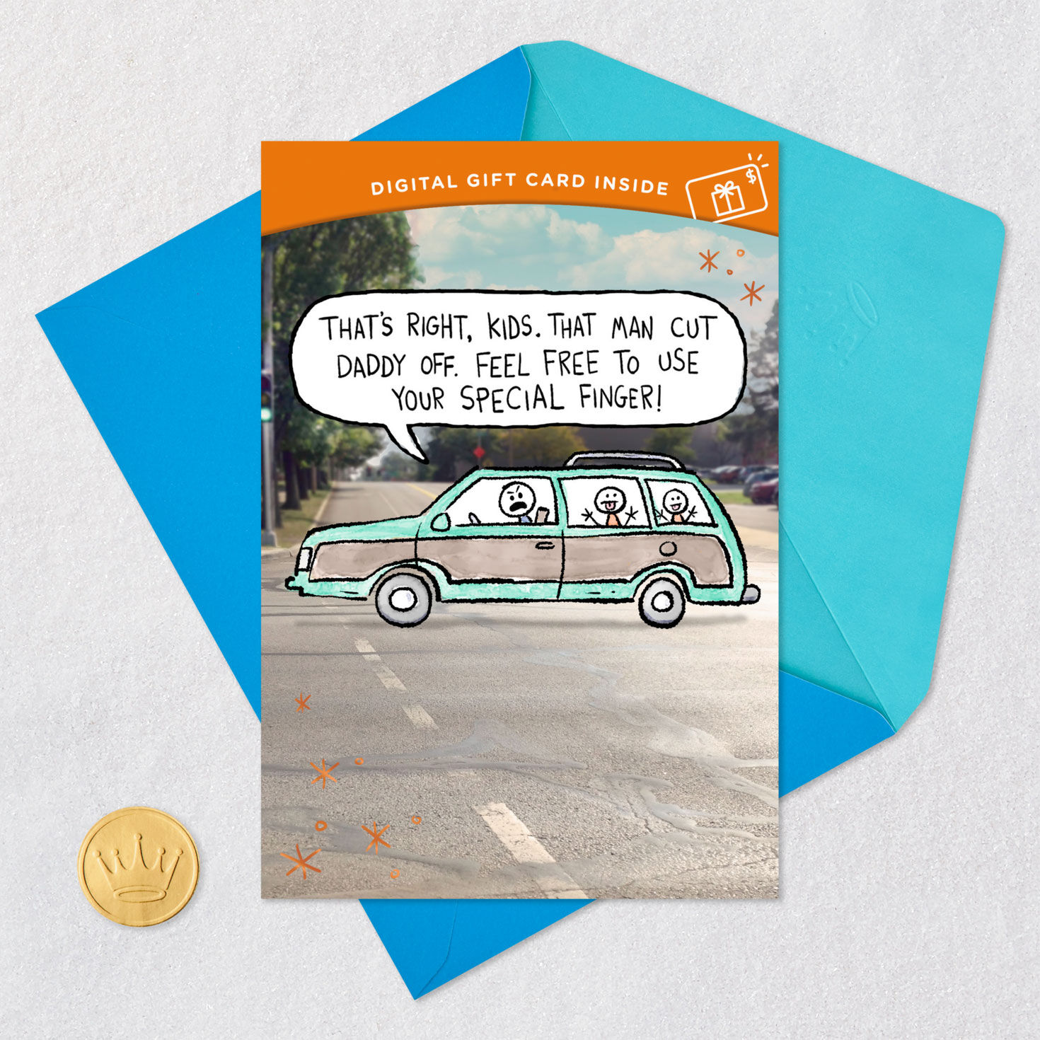 Family in Car Funny Father's Day Gift Card Greeting Card Front with Envelope and Gold Seal image number 8