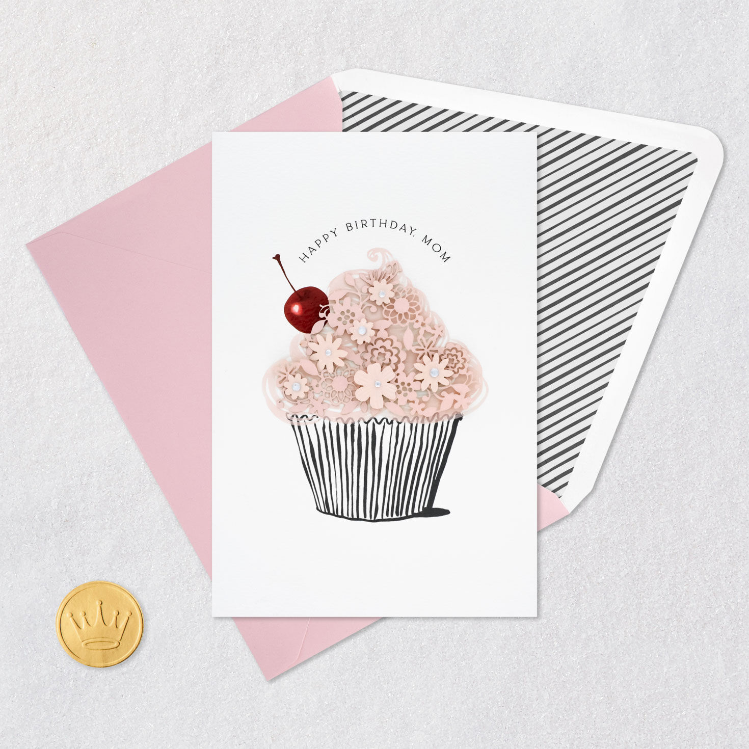 Floral Pink Cupcake Birthday Card for Mom Card Front with Envelope and Gold Seal image number 5