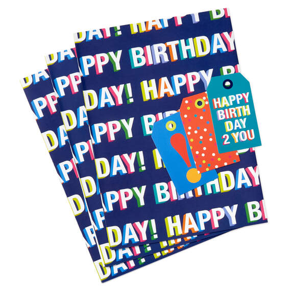 Colorful Shadow Lettering Birthday Flat Wrapping Paper With Gift Tags, 3 sheets
