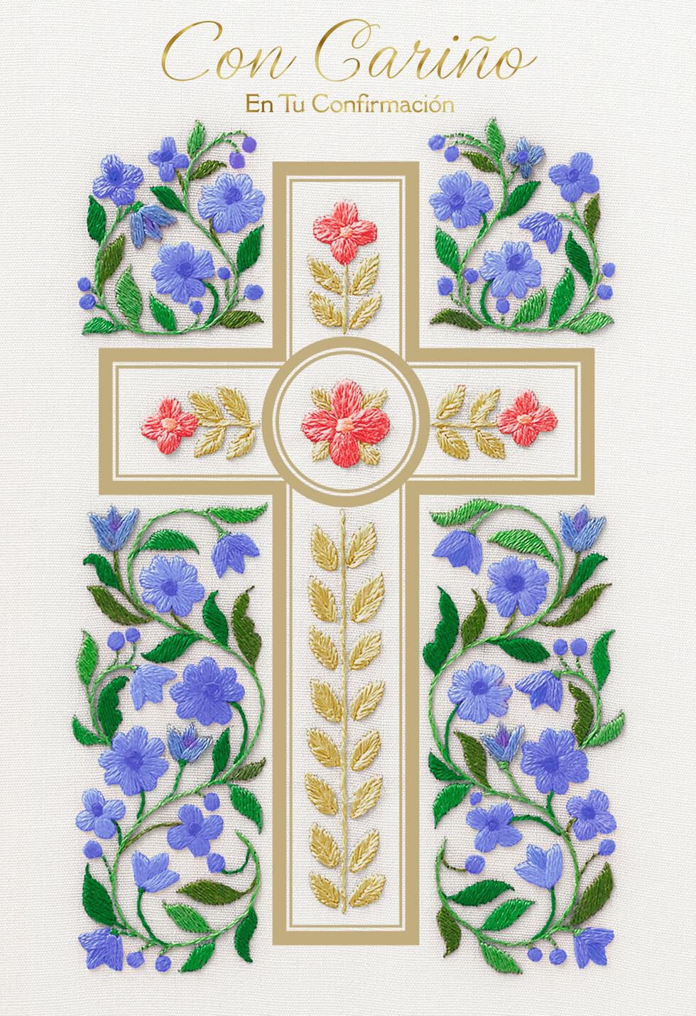 Cross With Flowers Religious Spanish-Language Confirmation Card