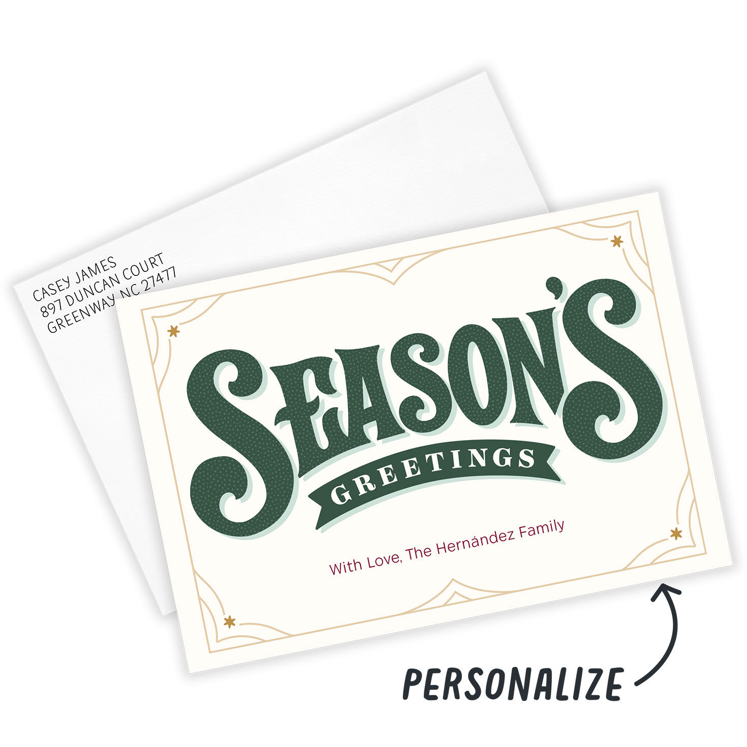 Green Lettering Personalized Holiday Photo Card Card Front indicating personalization image number 2