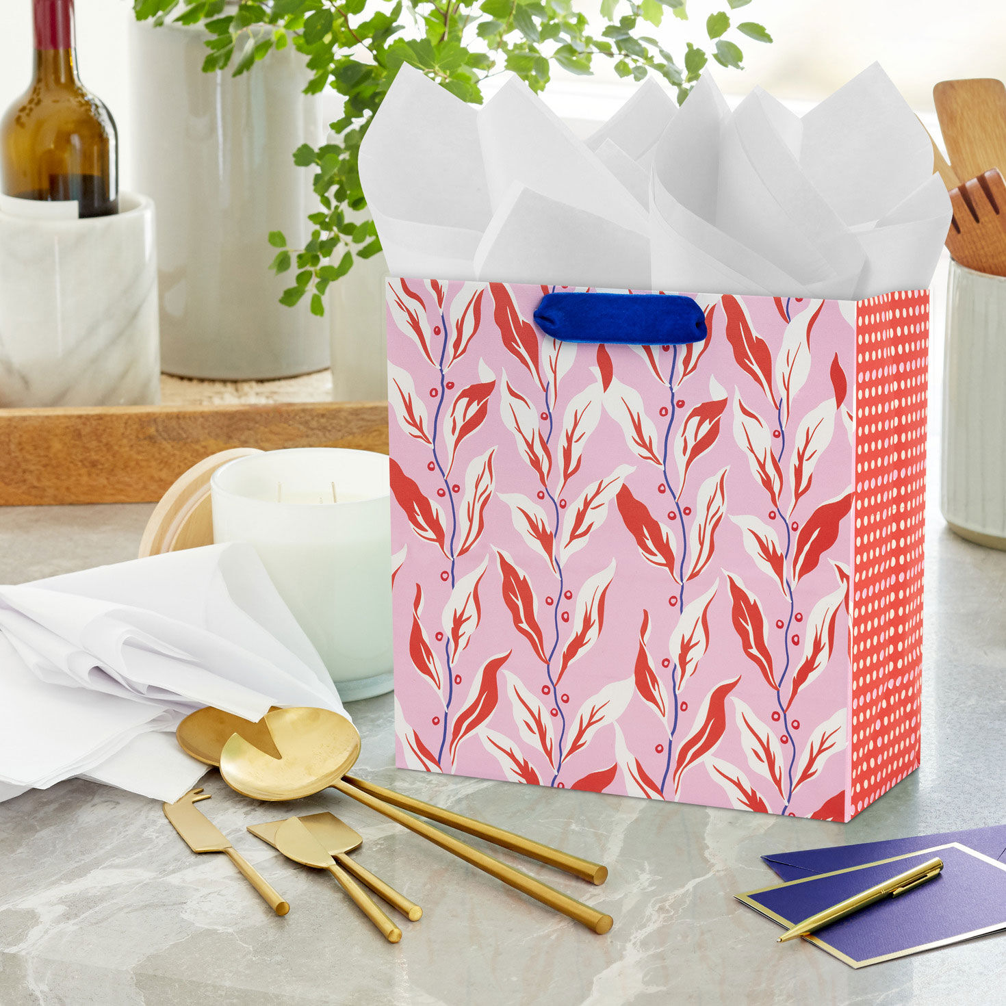 Archives Pink and Orange Leaves Large Gift Bag In use image number 2
