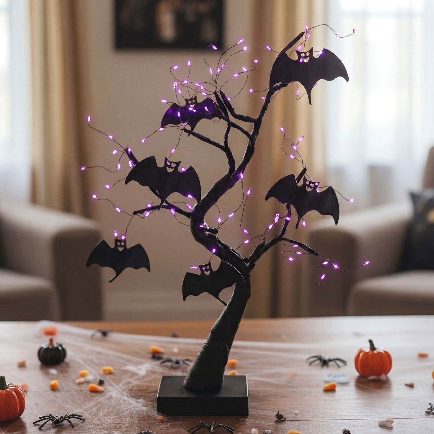 2 ft Battery-Operated Black Willow Halloween Tree with Bats in use image number 3