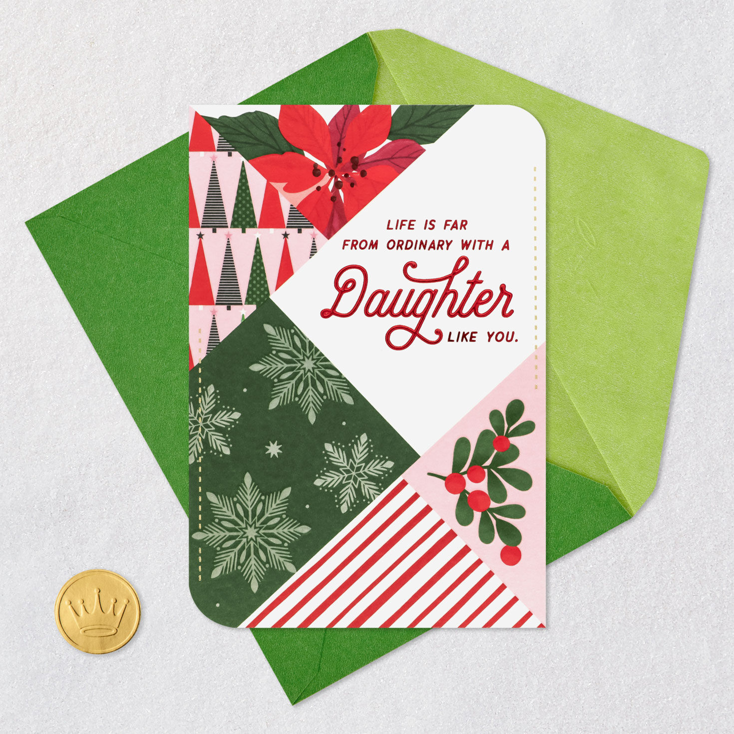 Patchwork Poinsettia Christmas Card for Daughter Card Front with Envelope and Gold Seal image number 6