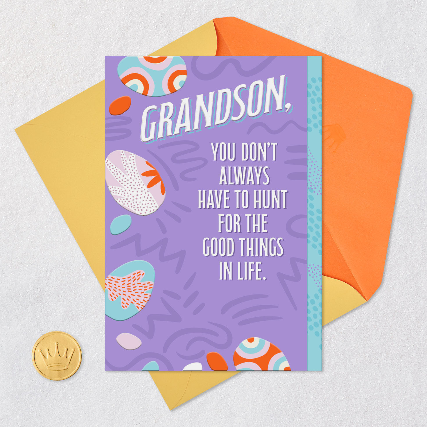 Orange and Blue Eggs on Purple Easter Card for Grandson Card Front with Envelope and Gold Seal image number 5