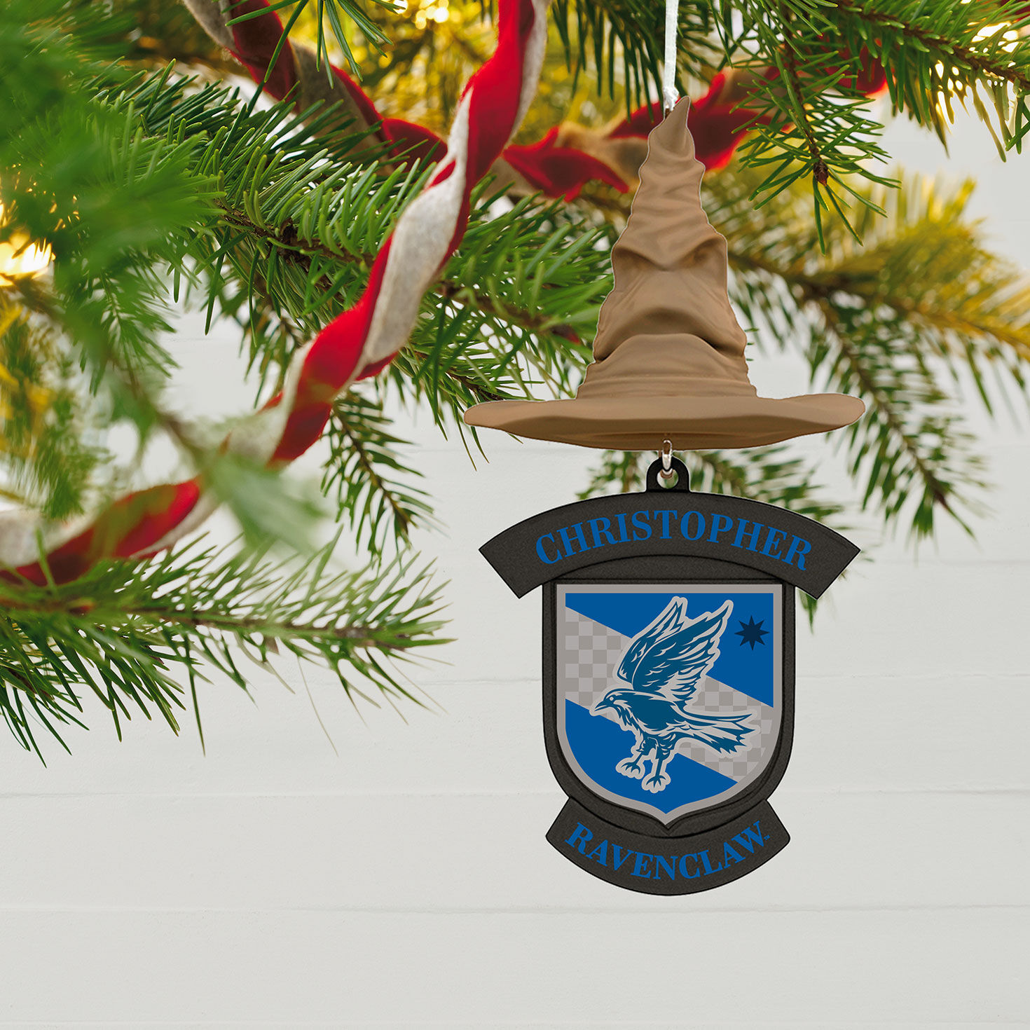 Harry Potter&trade; Sorting Hat Personalized Text Ornament, Ravenclaw&trade; hanging on tree image number 2