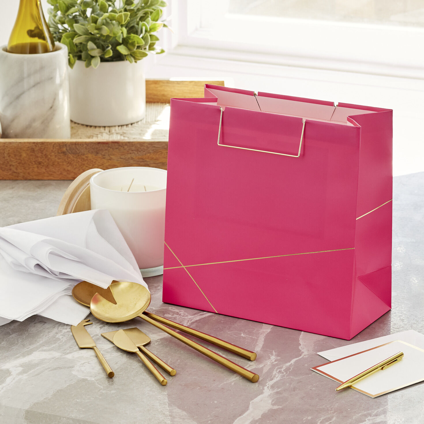Rose With Gold Large Square Gift Bag, 10.4" in use image number 2