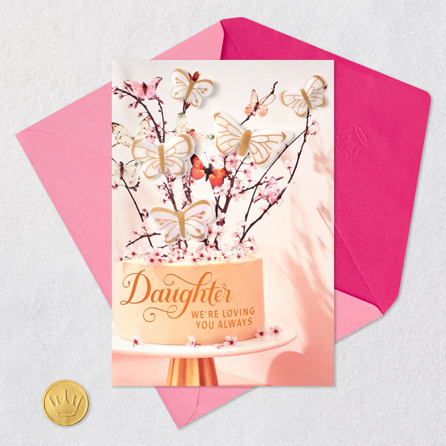 Butterfly Birthday Cake Card for Daughter from Us Card Front with Envelope and Gold Seal image number 6